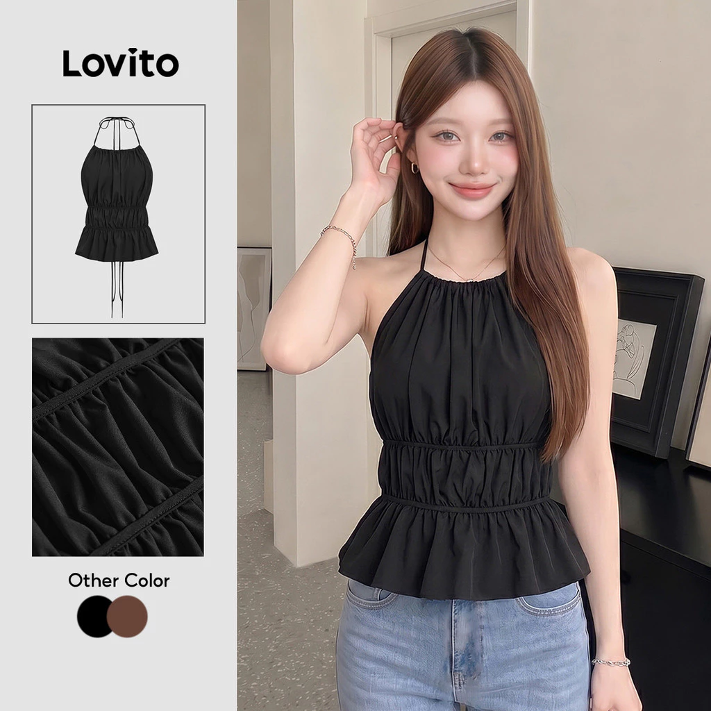 28% OFF Lovito Women Elegant Tank Top Korean Plain Lace Up Ruched Tank Top L106AD087
