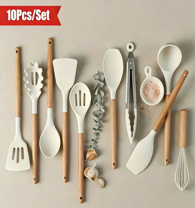 7% OFF 10pcs Silicone Kitchen Utensil Set With Wooden Handles - Non-Stick, Heat Resistant, Suitable For Home And Restaurant - Great For Christmas, Valentine's Day, Thanksgiving, Mother's Day And Other Holidays