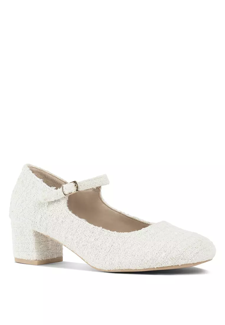 64% OFF Tweed Mary Jane Sandals in White