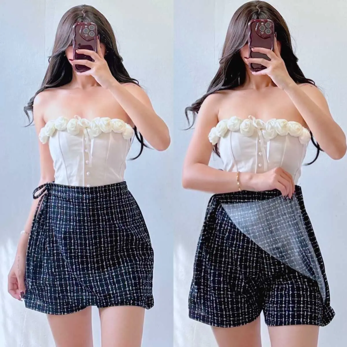 22% OFF Sunny&Co Scarlett Checkered Skirt Skort Tie Wrap Short Skirt For women Fit Plaid Comfortable Crepe Elegance Womenswear Evening Summer