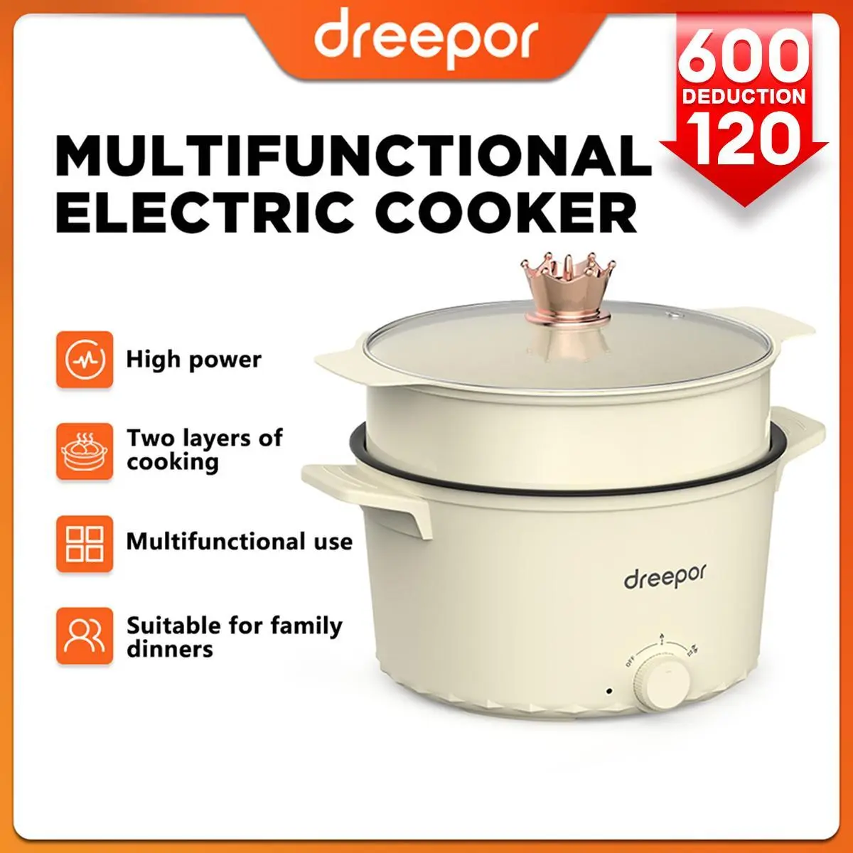 62% OFF Dreepor Electric Cooker Multi-Function Hot Pot Fast Heating Non-Stick Pan with Steamer 2-Layer 2-Speed 2L-4L for 1-6 People