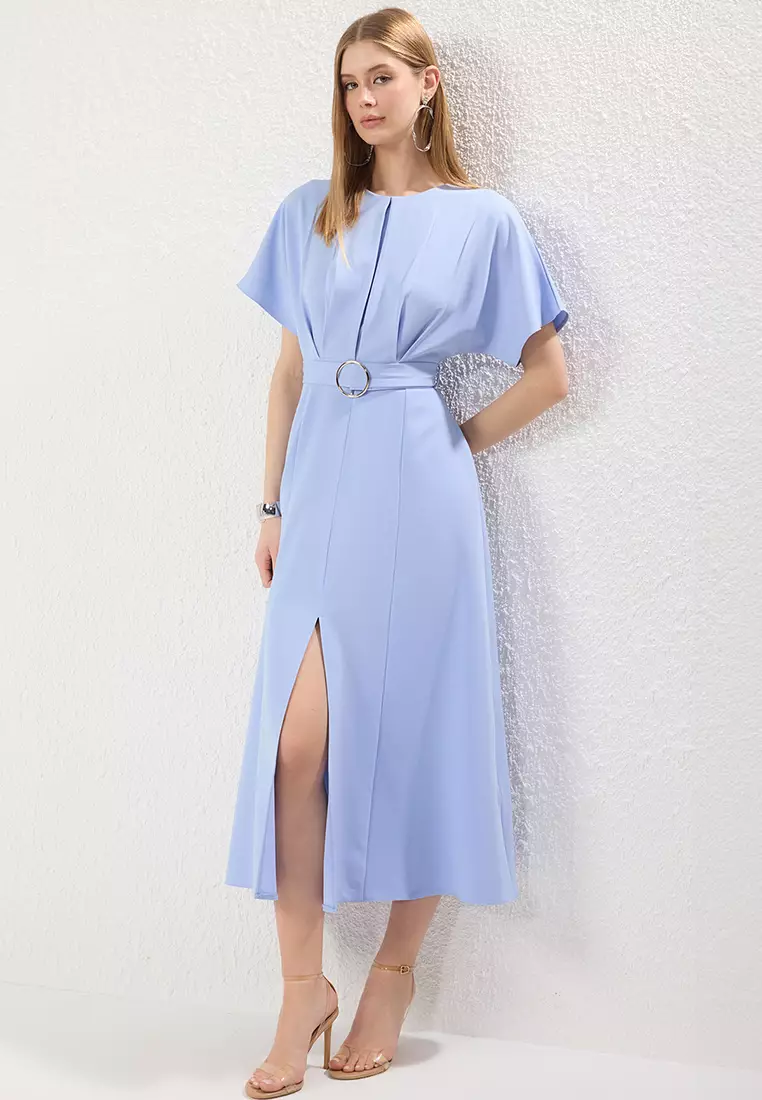 38% OFF Trendyol  Light Blue Belted Skirt Opening at Waist Dress TWOSS25EL00804
