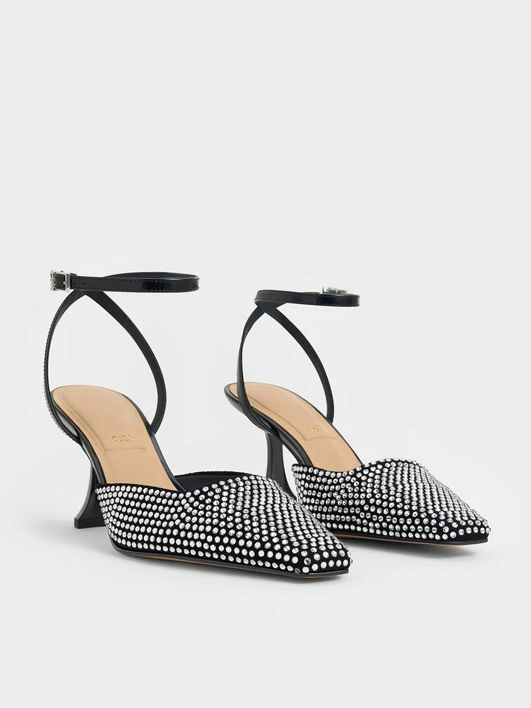 30% OFF Leather & Suede Crystal Ankle-Strap Pumps - Black