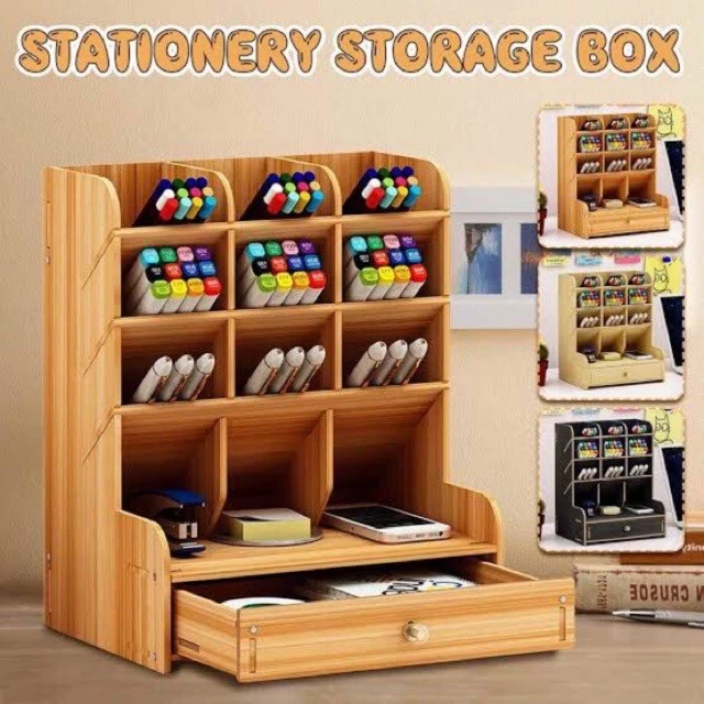 55% OFF Wooden Office Desktop Organizer Pen Stationery Holder Storage Rack DIY Multifunctional with Drawer