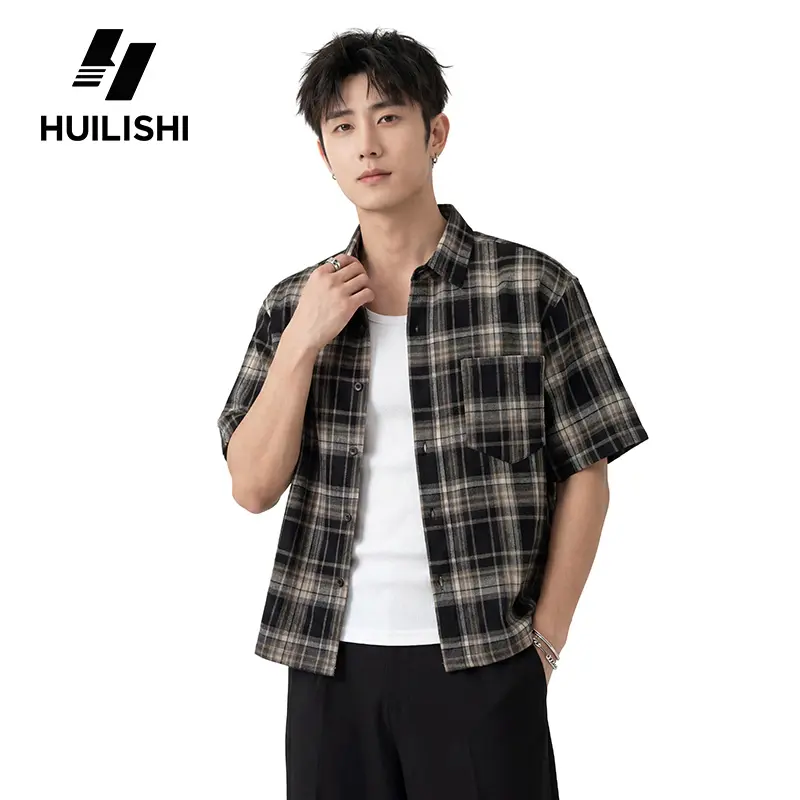 48% OFF HUILISHI Box Fit Polo for Men Crop Top plaid cotton short-sleeved Korean style shirt