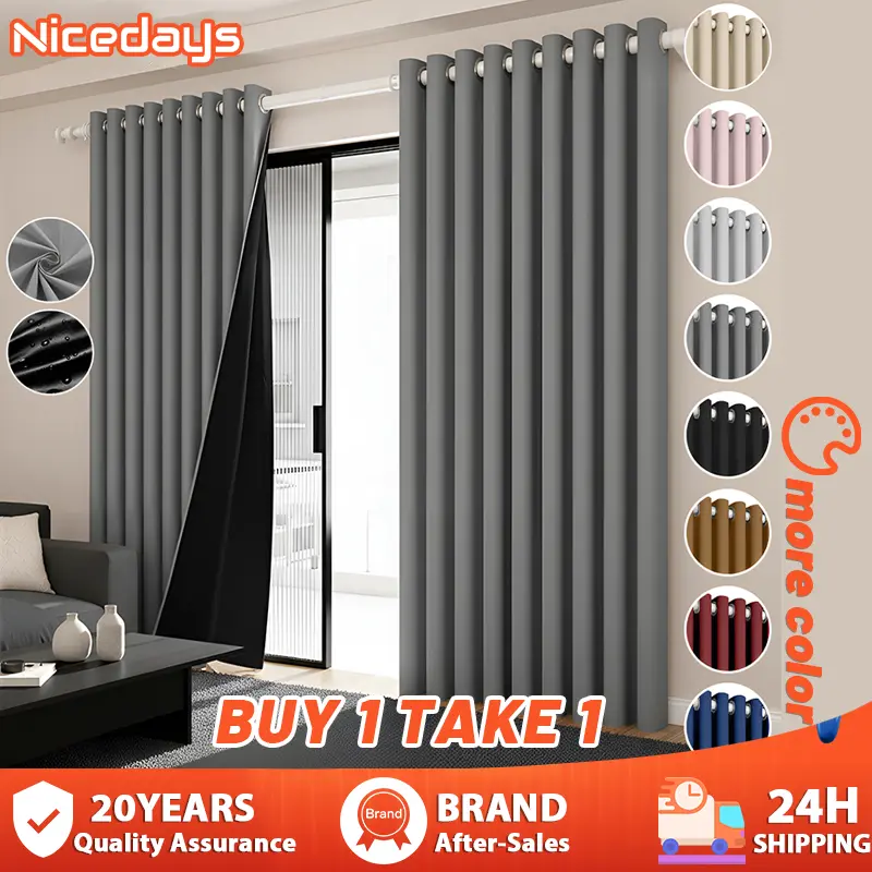 50% OFF Nicedays Blackout Curtain 5/6/7/8/9ft Fabric Blackout Fabric Curtain Modern Design With 8 Rings for Bedroom Living Room Office Makapal 100% Blackout Fabric Curtain No Punching Required Silent Ring