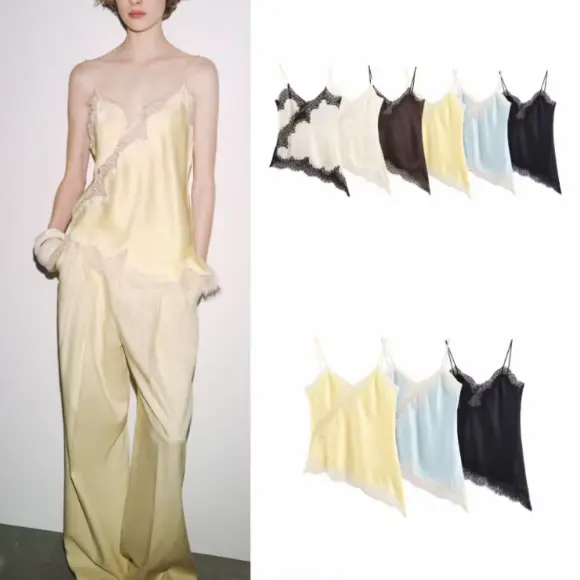 63% OFF Vacation style sexy silk satin texture lace splicing asymmetric hem suspender lingerie style top for women