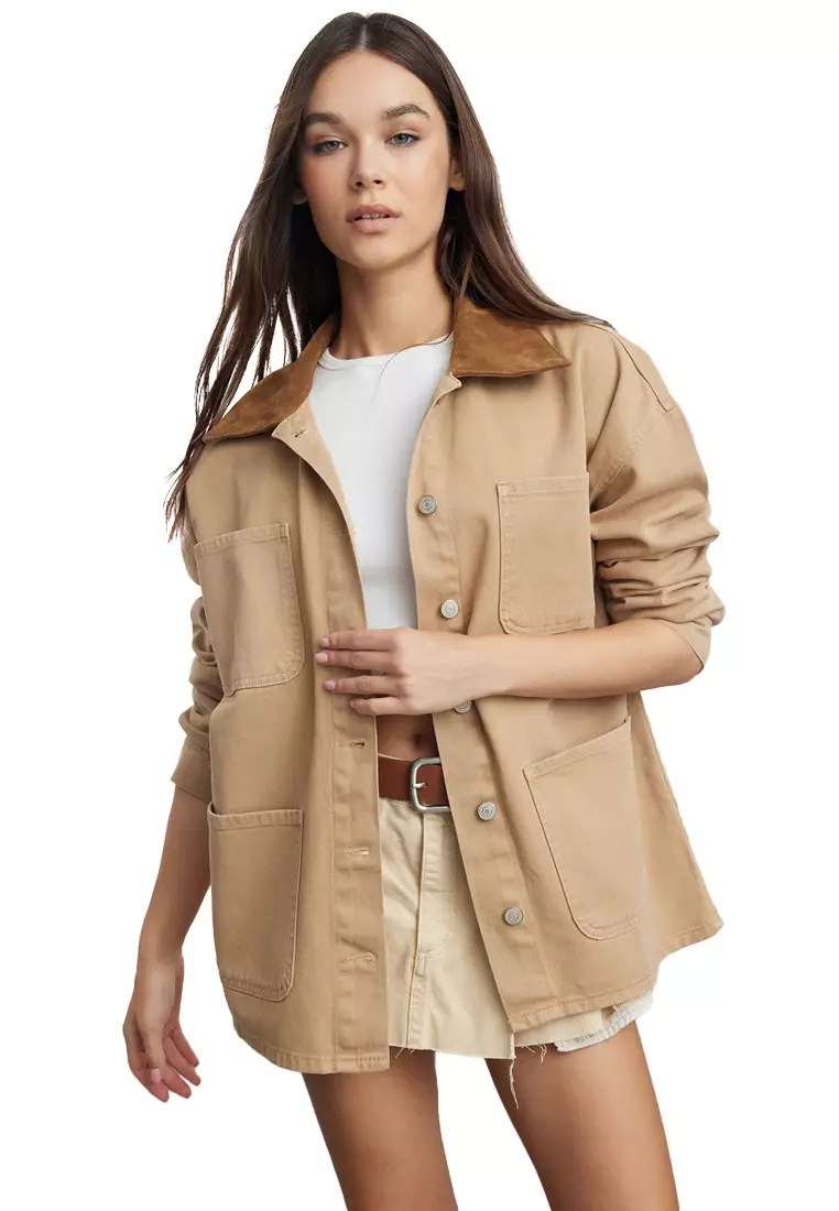 39% OFF Trendyol Denim Jacket with Suede Collar