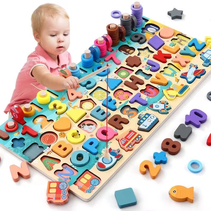 38% OFF 7 in 1 Montessori Educational Toys 3D Wooden Puzzles Learning Toys Blocks Fishing Game