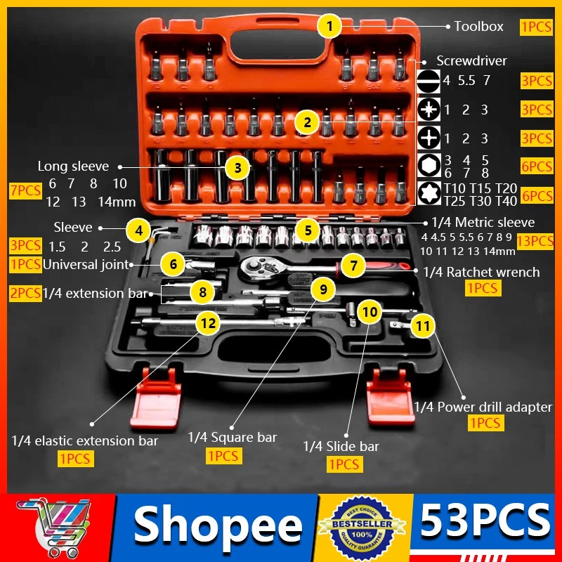 60% OFF EVX 53pcs Set Vehicle Multifunctional Wrenches Chrome Vanadium Steel Auto Car Repair Tool Box Set