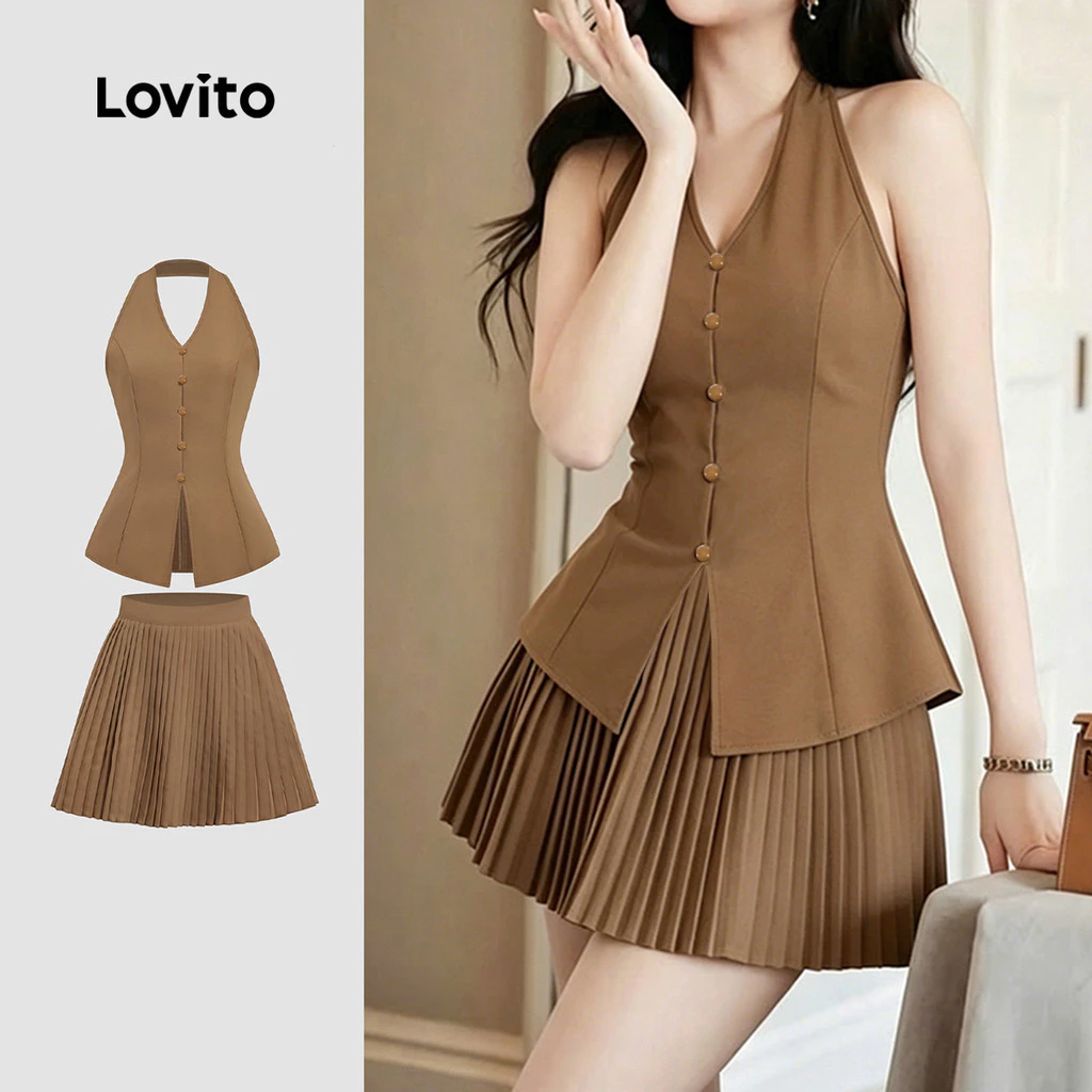 30% OFF Lovito Women Elegant Tops or Bottoms Button Front Pleated Commute Spring/summer Khaki Top Tops or Bottoms L190ED737