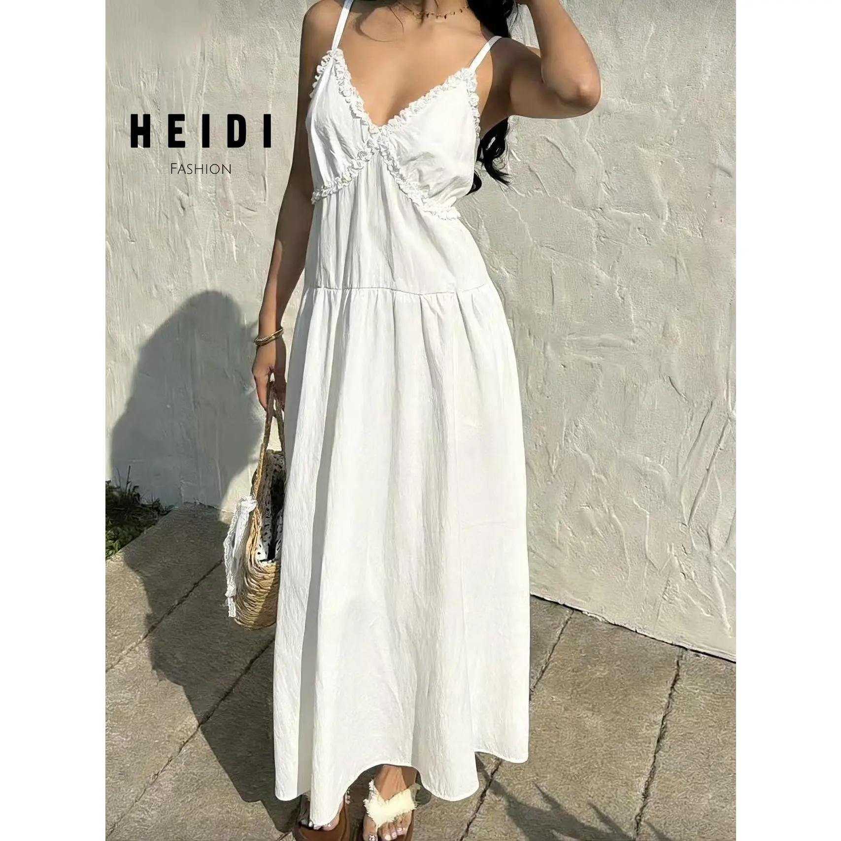 51% OFF Heidi Lauren Ruffles Casual Linen Maxi Dress Adjustable Strap Lady Womenswear Summer Elegant Sleeveless Dresses