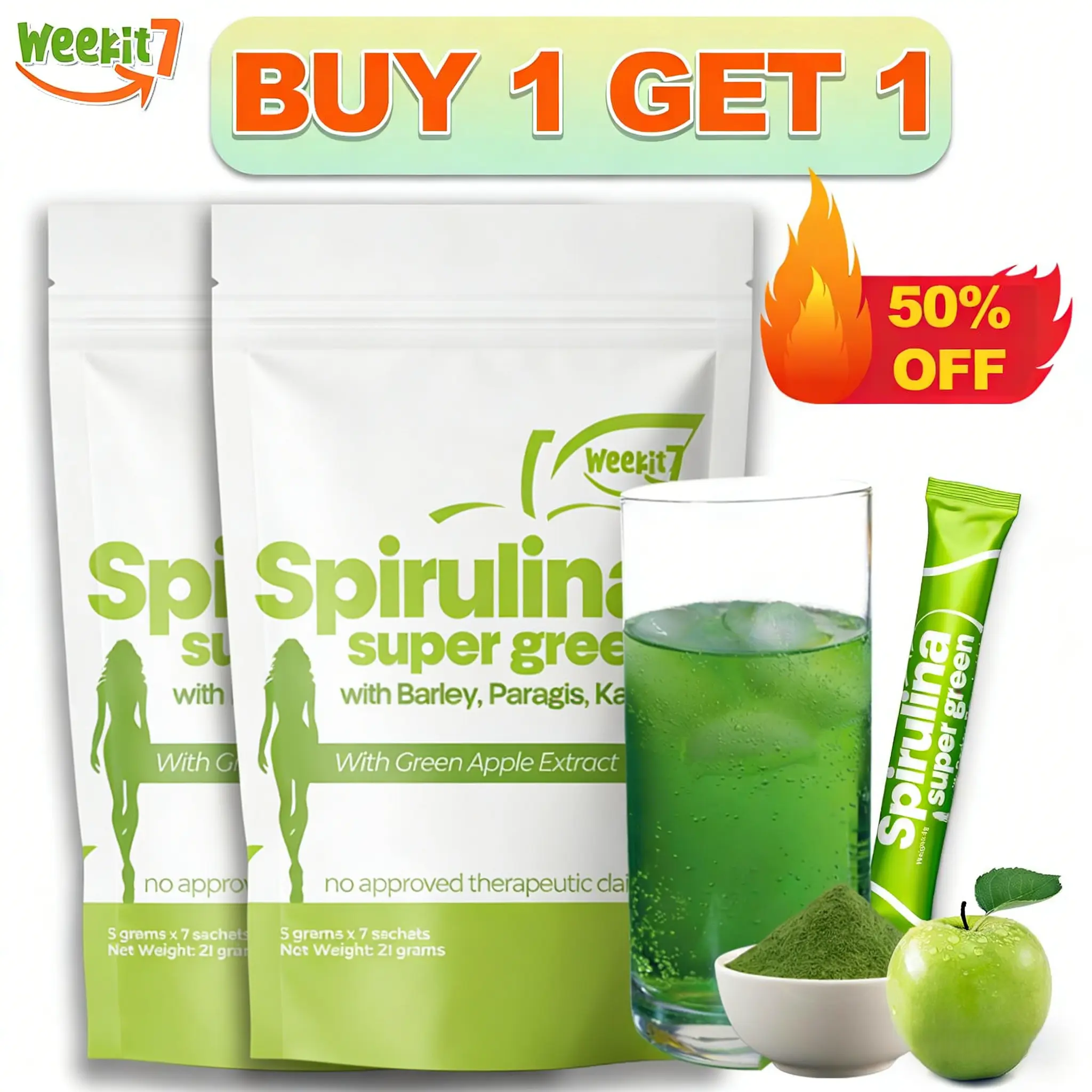 73% OFF 【Buy 1 Get 1 】Spirulina Powder Body Cleanse Total 2 Packs Supplement for Fitness Dietary Edible Green Tea Organic Drink with Barley Grass, Kale and Paragis in Green Apple Flavor 7pcs/pack
