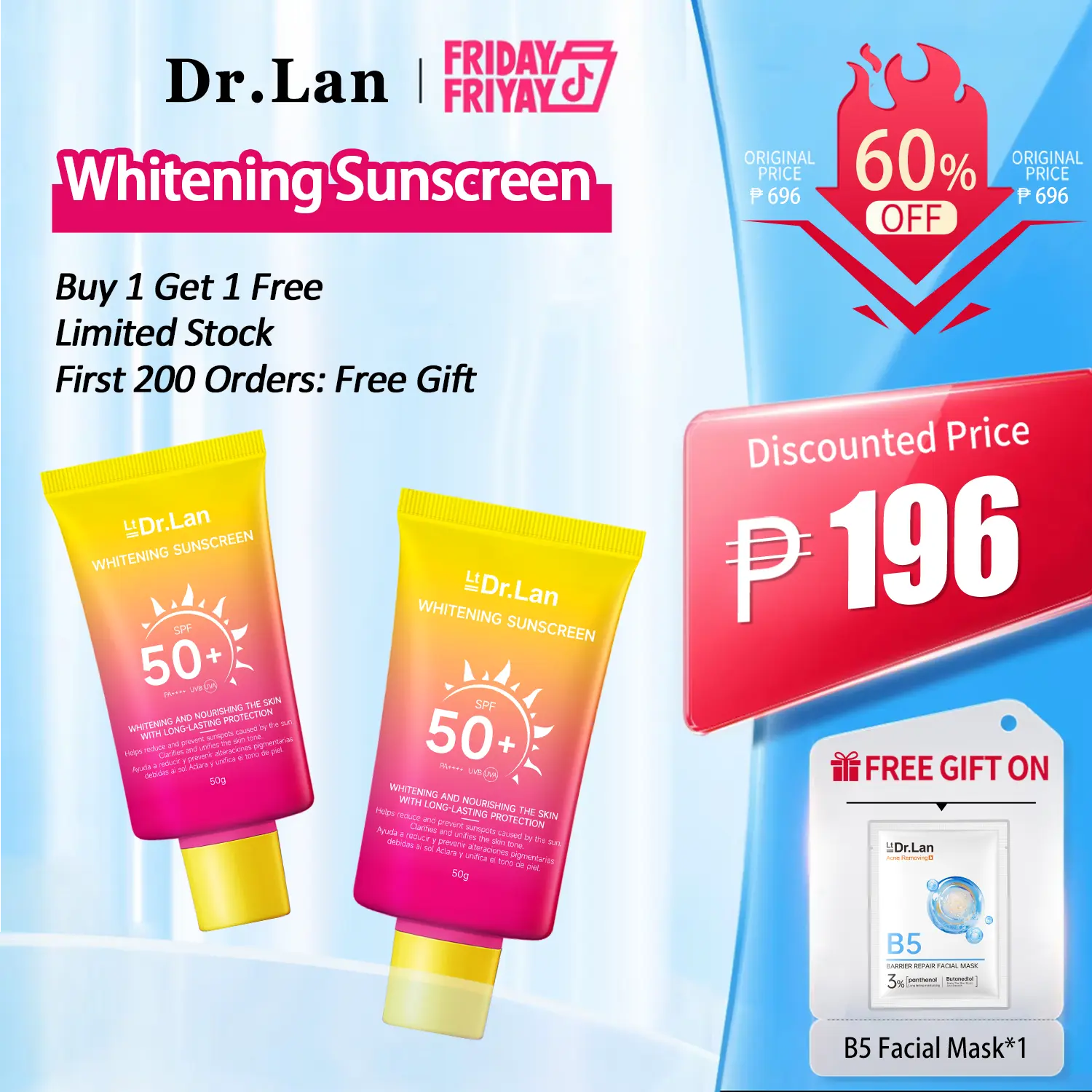 72% OFF "Buy 1 Get 1 Free (Limited Stock Countdown)" plus "First 200 Orders Also Receive a Free Sample" Sunscreen SPF50+ PA+++