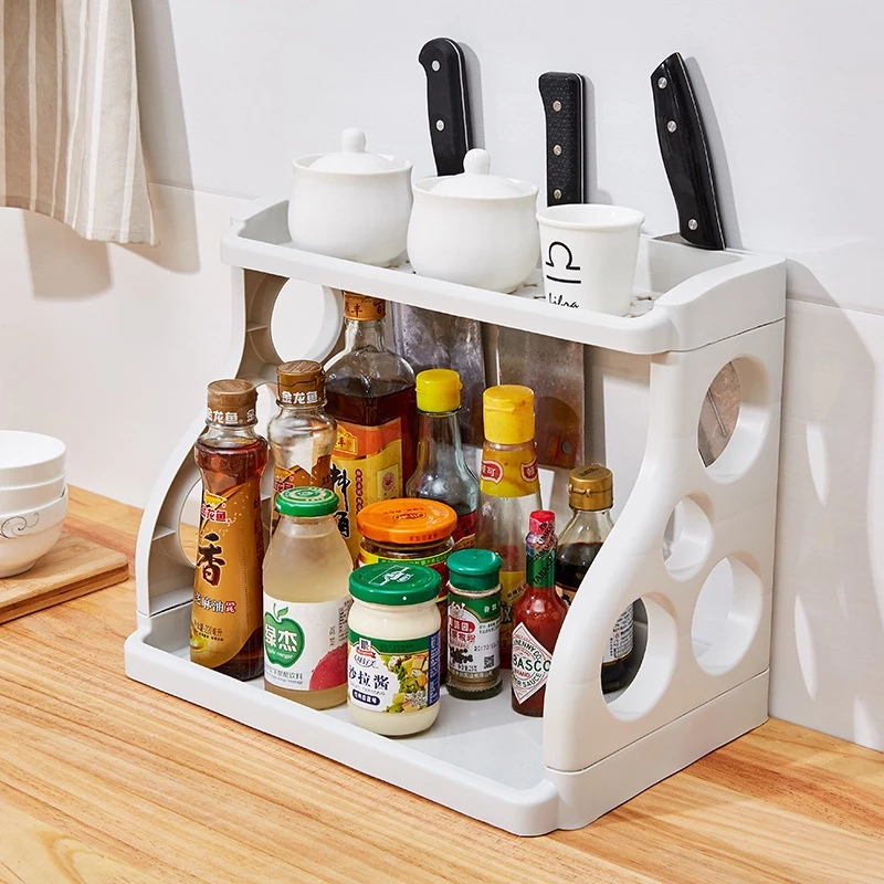 51% OFF Double Layer Kitchen Rack Organizer Shelf Seasoning 2 Layer Floor Knives Holder Condiments Organizer