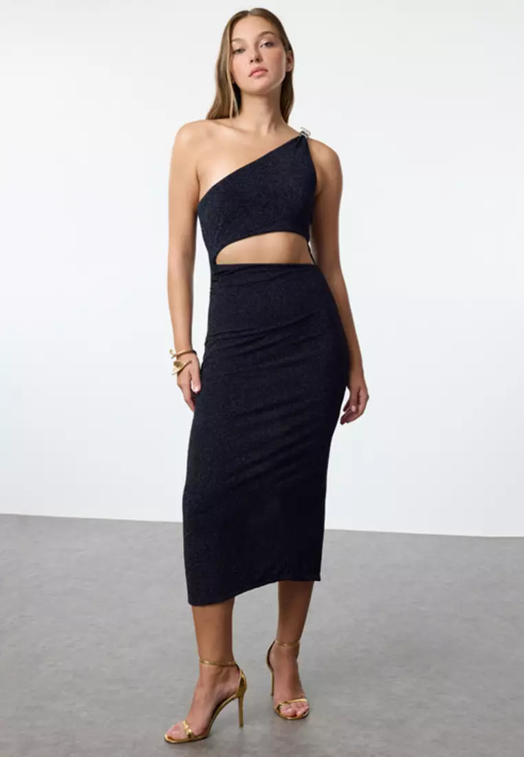 85% OFF Trendyol Snake Detail One Shoulder Glitter Dress