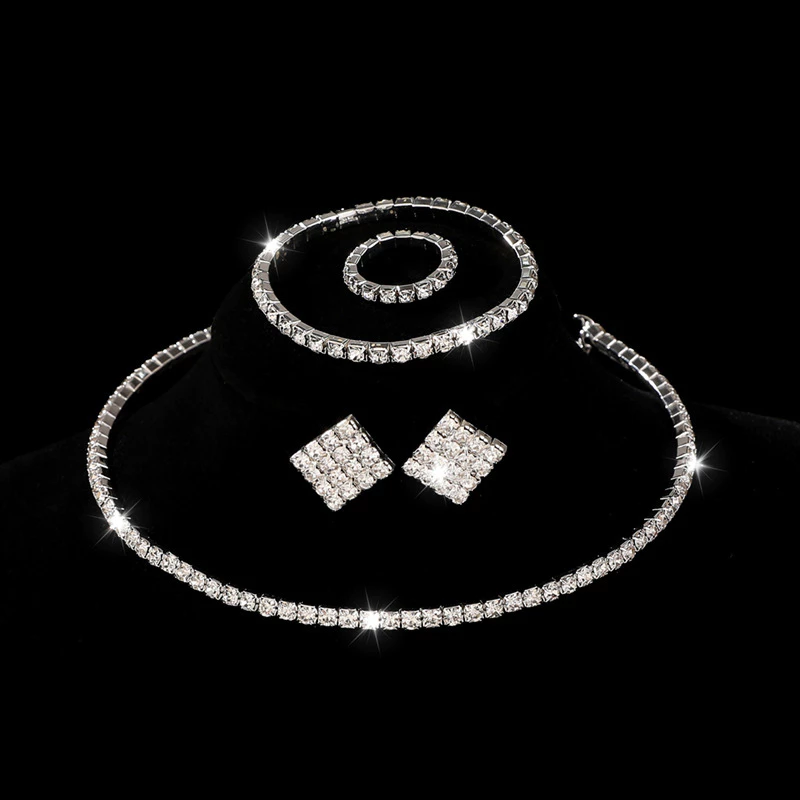 70% OFF 4Pcs Bridal Jewelry Set Necklace Bracelets Ring Earrings Set Super Gorgeous Diamond Luxury Shiny