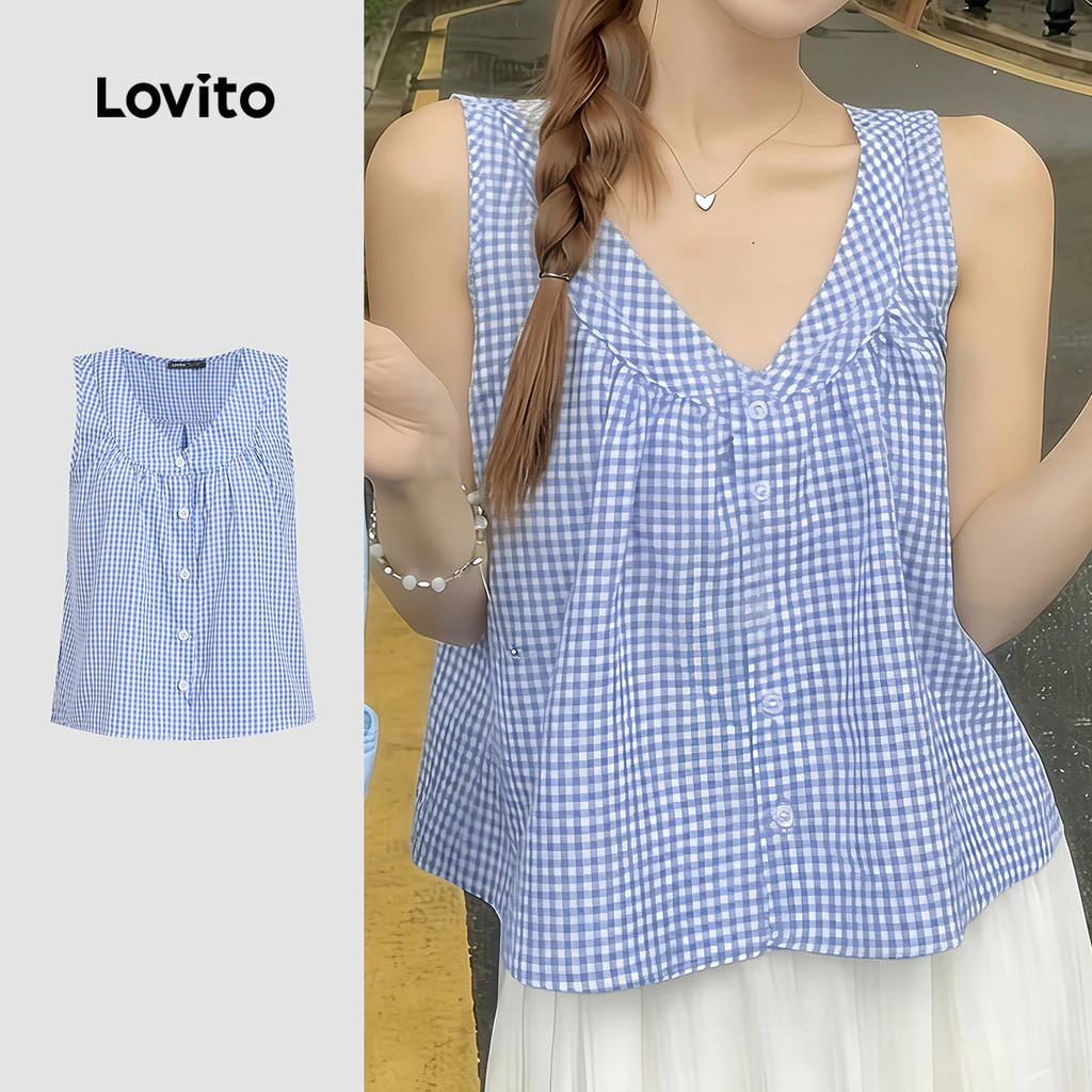 30% OFF Lovito Women Casual Top Button Spring/summer Blue Top L190ED459