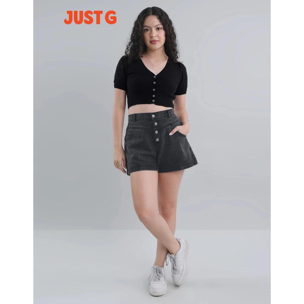 60% OFF Just G Button Front High Waist Acid Wash Denim Shorts