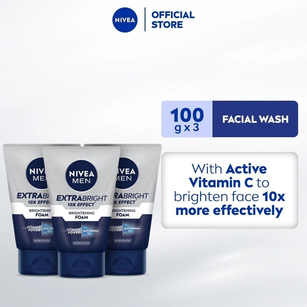38% OFF PACK OF 3 NIVEA MEN Facial Wash Extra Bright 10x Effect Foam, deep cleansing skin care for men, 100g