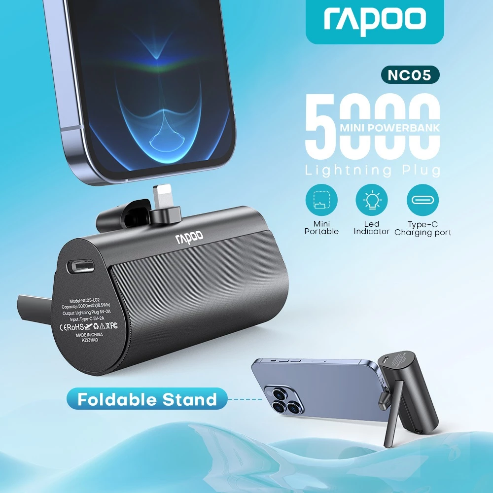65% OFF Rapoo NC05 5000mAh Type C and Light Ning Mini Portable Powerbank with Built in Cable Phone Stand