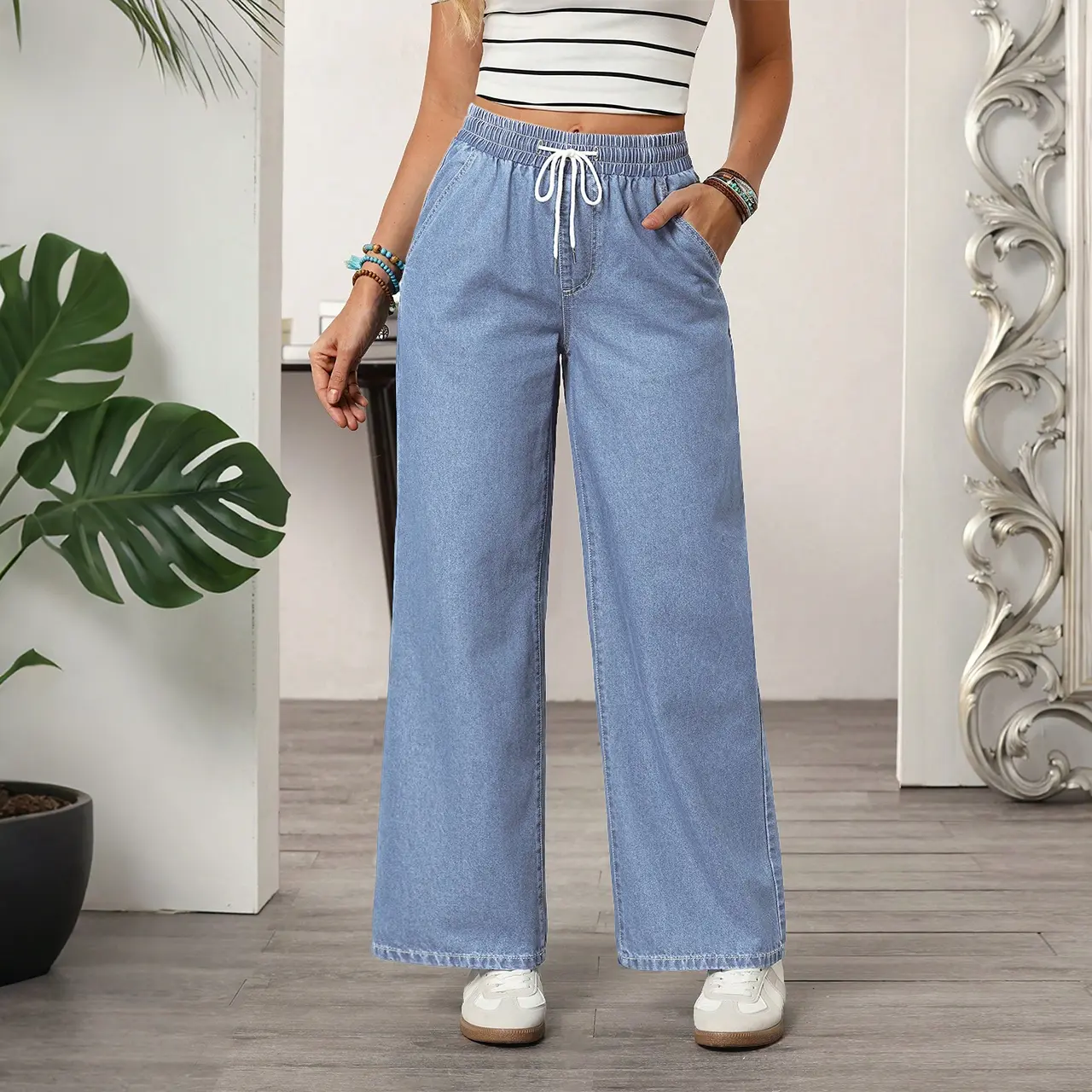 52% OFF 2289# Elastic Waist Drawstring Jeans For Women Casual Wide Leg Baggy Pants Fashion High Waist Denim Pants