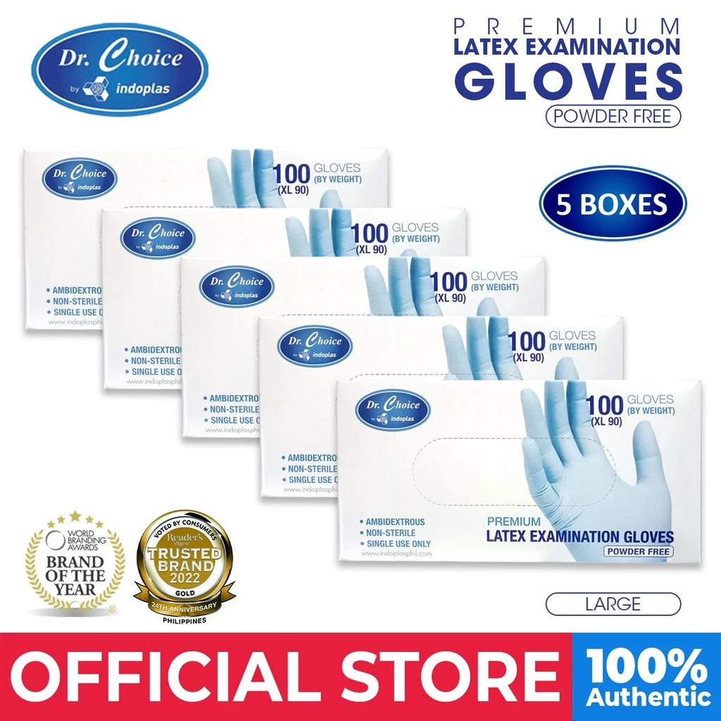 73% OFF Indoplas Dr. Choice Powder Free Examination Latex Gloves Box of 100 (Large) - 5 Boxes