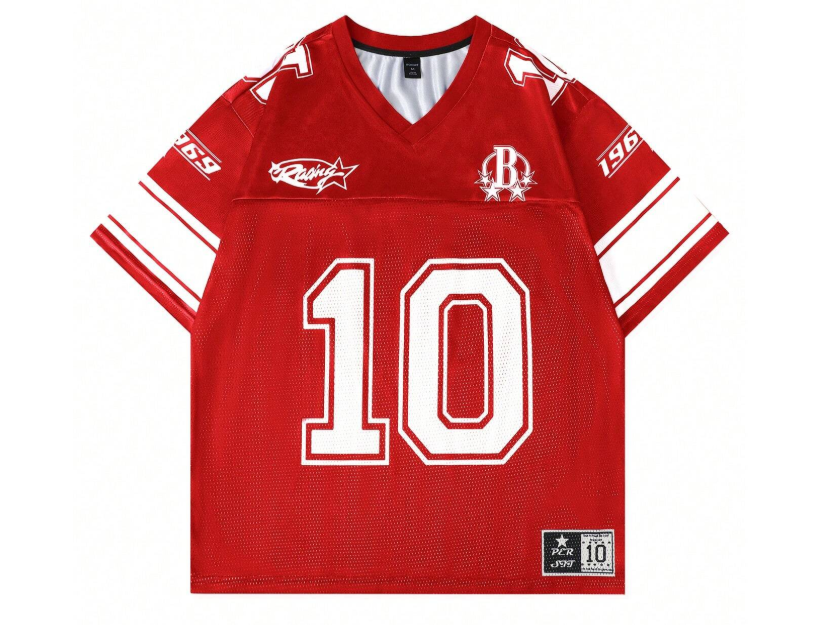 15% OFF ROMWE MEN Prep Spring/Summer Casual Graphic Red Men'S Basketball Jersey Short Sleeve Football Jersey Style T-Shirt, Mesh Splice Sports Tee, Summer