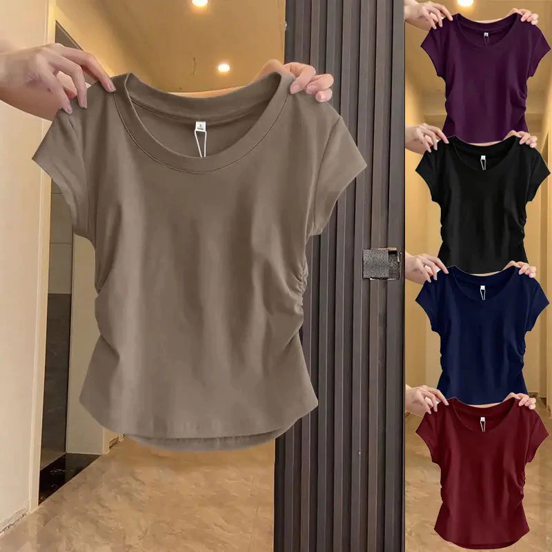 55% OFF Ruched Irregular Curved Waist Top Regular Shoulder High-end Summer Ribbed Slim Fit Slimming Women's