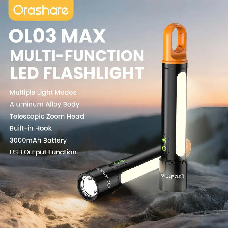 58% OFF Orashare OL03Max 3000mah Zoomable White LED Rechargeable Flashlight USB Output Portable Torch Light for Home & Outdoor With Hook