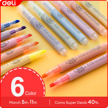 65% OFF Deli 6 Colors Highlighter Pen Pastel Marker School Supplies Aesthetic Student 1Pc S731