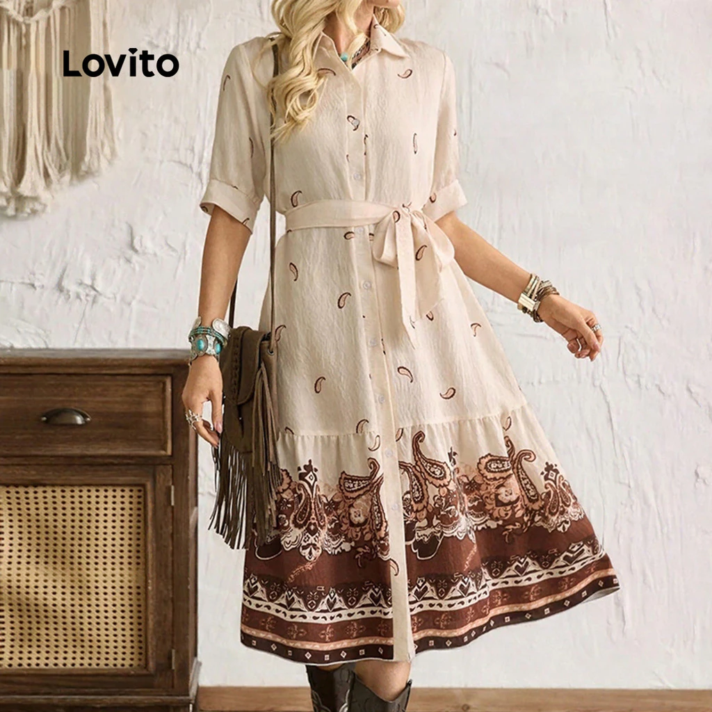 30% OFF (New Arrival) Lovito Women Boho Dress Belted Button Front Autumn/winter Dress LK6LD392