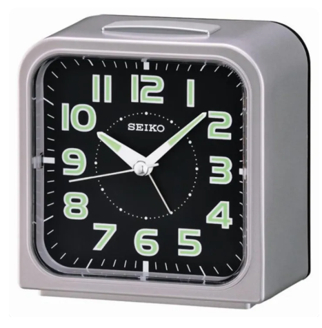 11% OFF SEIKO ALARM CLOCK QHK025S, Analog 4 Hands Display. Quartz Movement, Quiet Sweep Seconds Hand, Black (Lumibrite) Dial, Silver Case, Arabic Numerals
