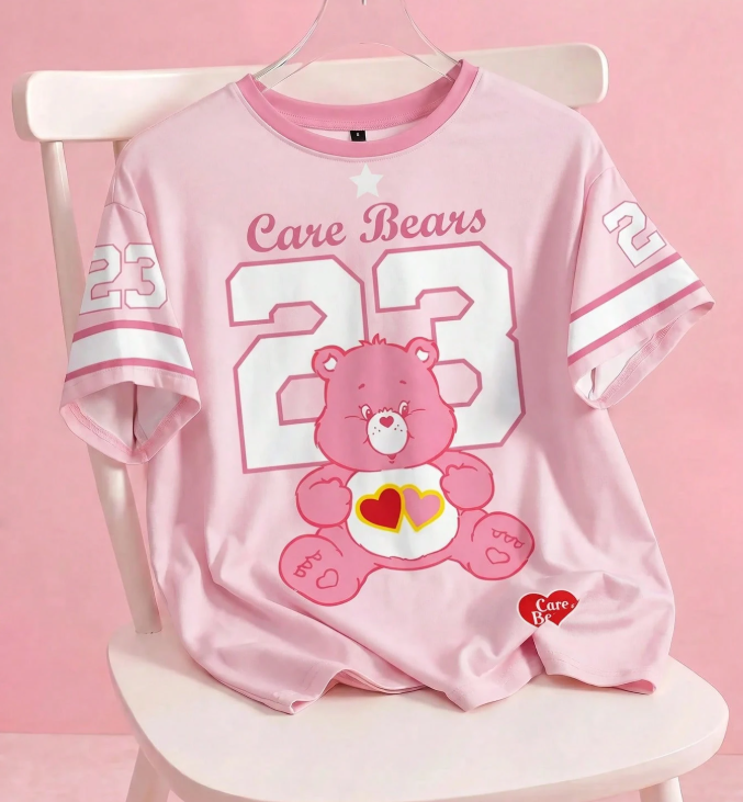 15% OFF SHEIN X Care Bears Women's Casual Crew Neck Short Sleeve Pink T-Shirt, Comfortable Summer Sports Numeric Striped Jersey, Cartoon Cute English Letter Print Pattern