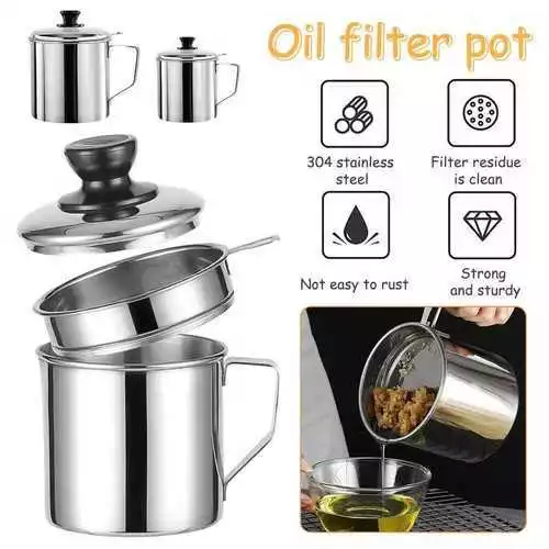 23% OFF 1.3L 304 Stainless Steel Oil Strainer Pot with Lid Filter Cooking Oil Container Bottle Dispenser