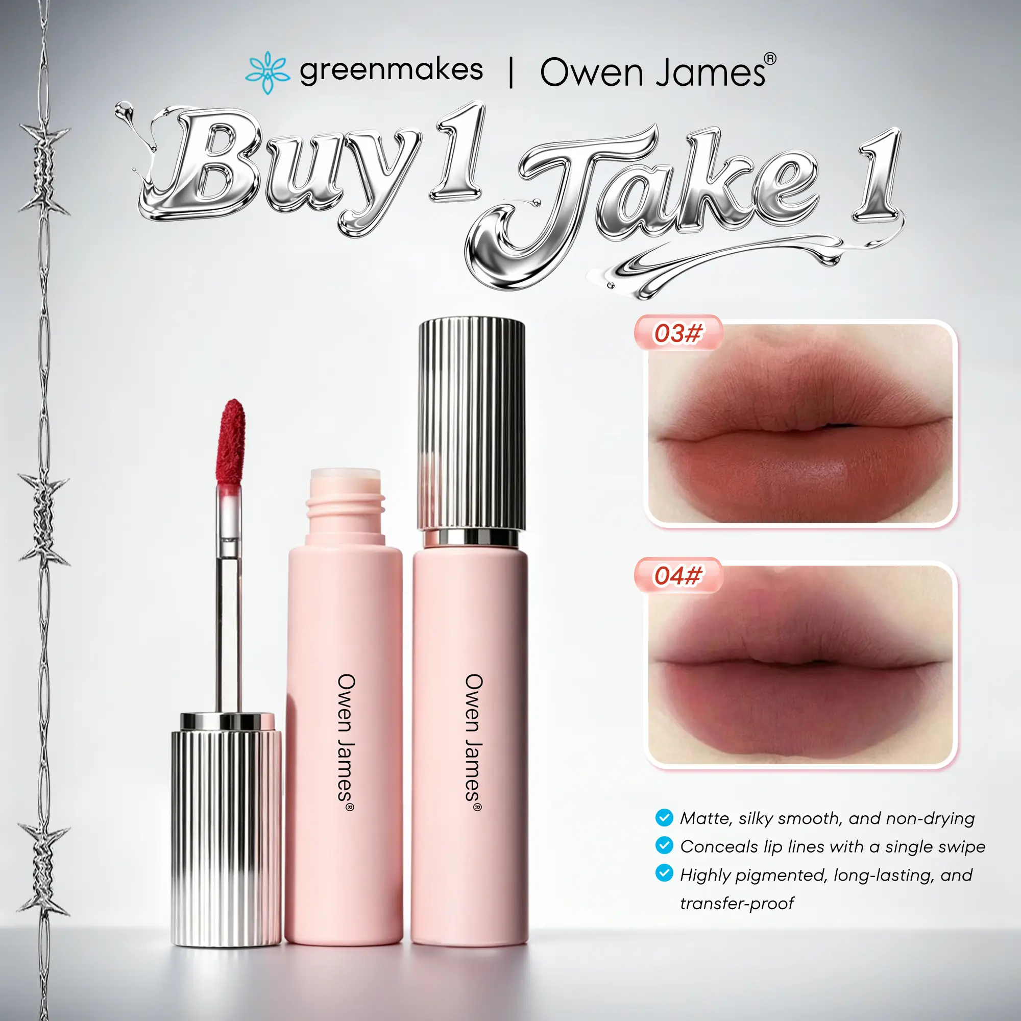 50% OFF [BUY 1 TAKE 1 ]Owen james H01 Small pink forged lip glaze matte velvet non fading lip glaze