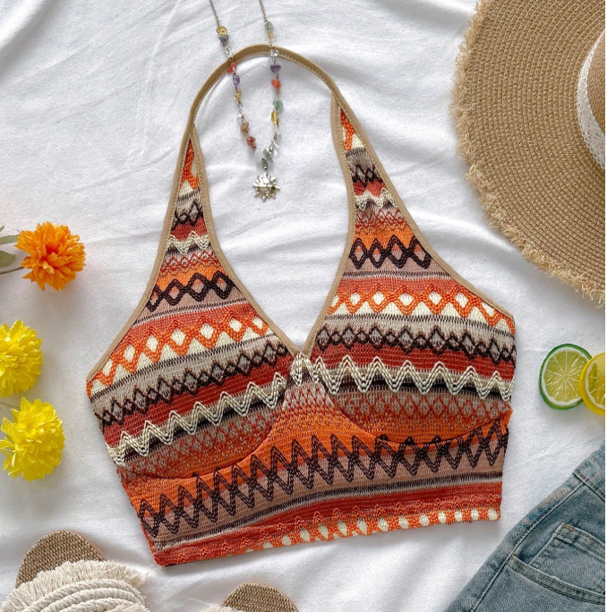 30% OFF Soleia WYWH Women Vacation Chevron Print Backless Halter Boho Top