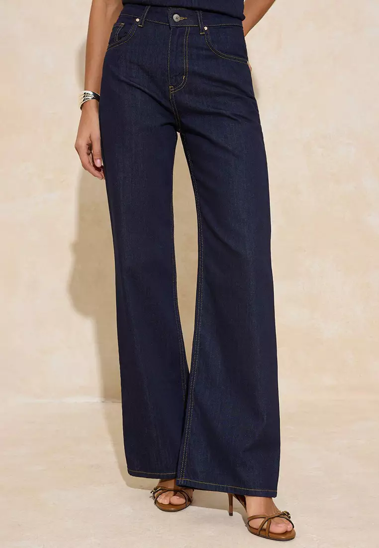 44% OFF Trendyol Dark Blue Drapey High Waist 1% Cotton Wide Leg Jeans Twoss26Je62