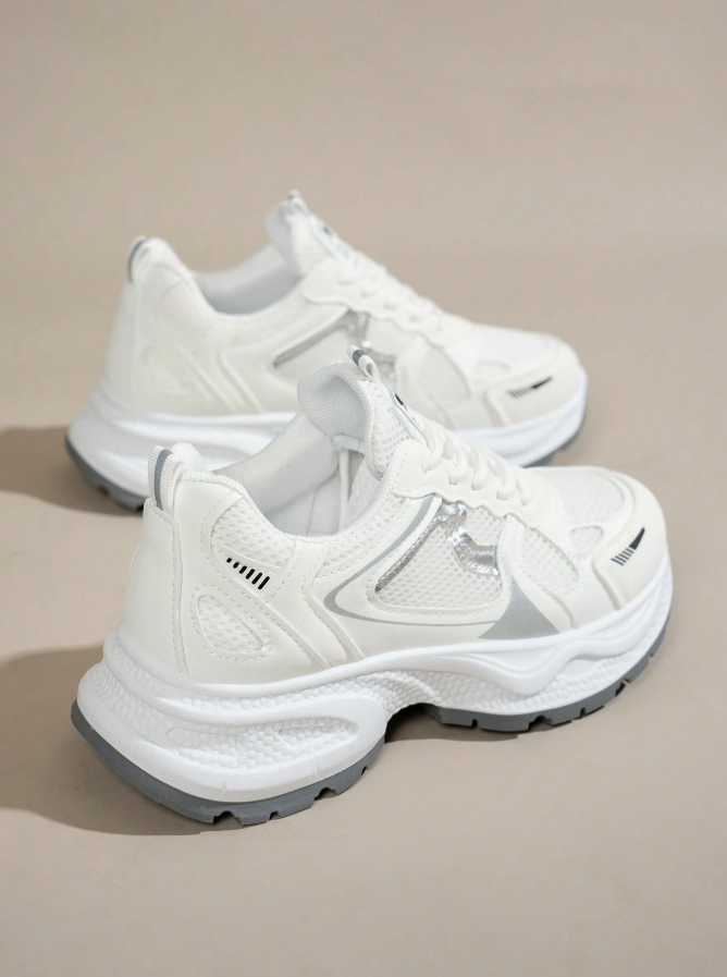 2% OFF Women's Spring/Autumn New Casual Sneakers, Mesh Breathable Platform Wedge Heel Lace-Up Lightweight Versatile Fashion Sneakers, White/Gray, Suitable For Running, All Season
