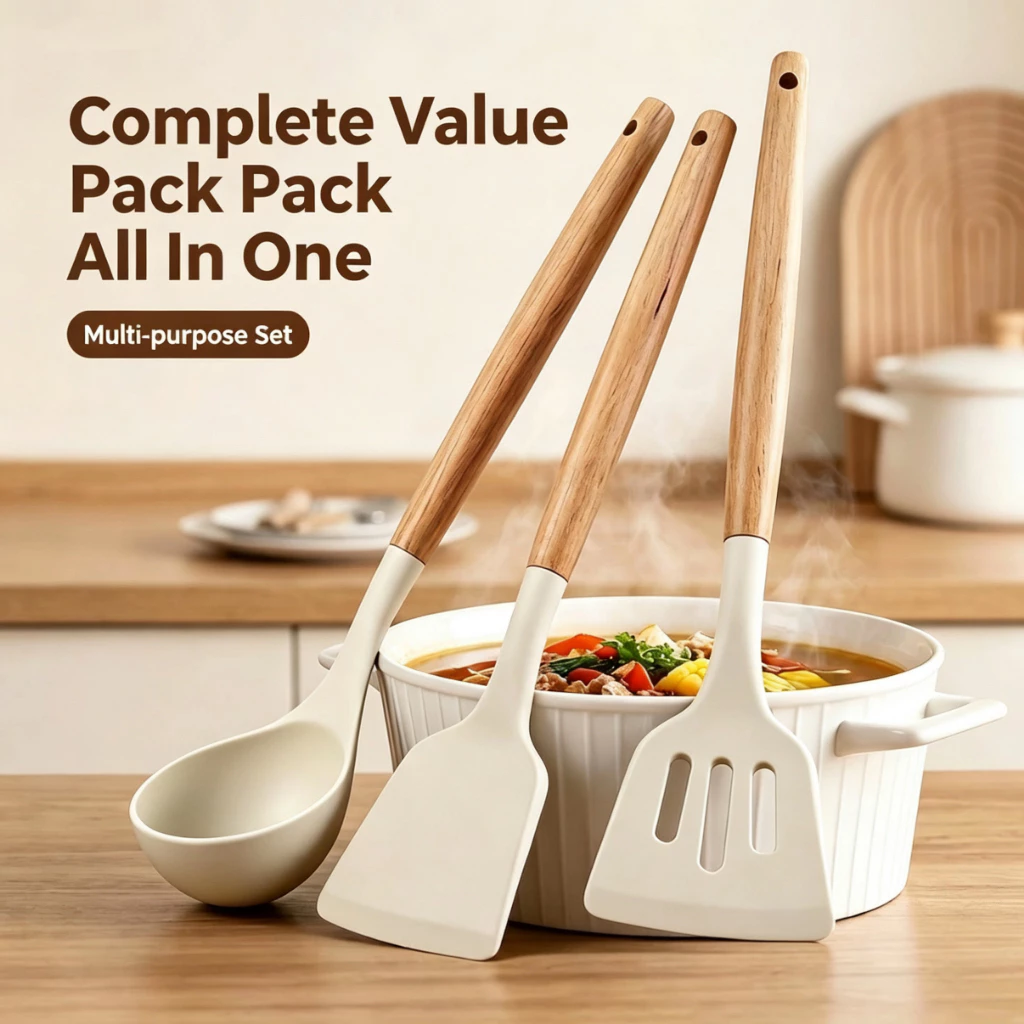 28% OFF 3PCS White Silicone Kitchenware Cooking Utensils Set Wooden Handle Non-Stick Spatula