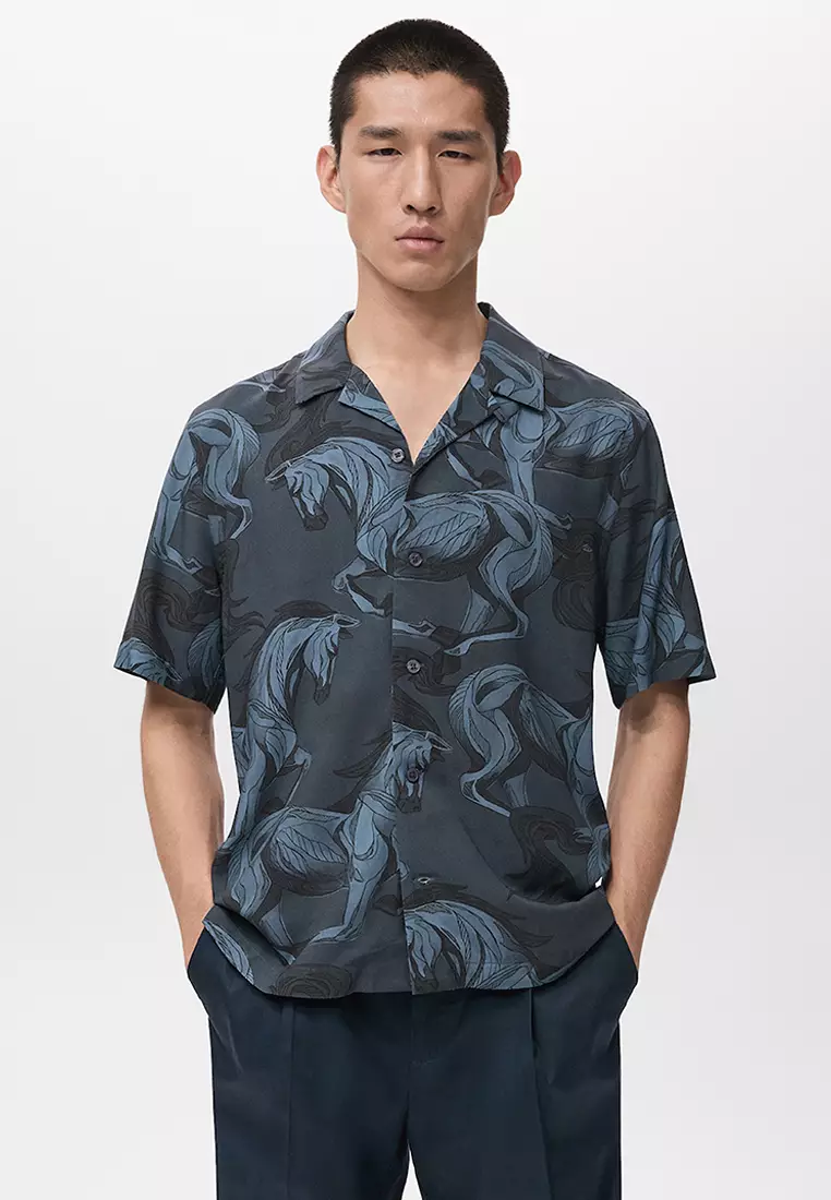 60% OFF Printed Flowing Shirt With Bowling Collar