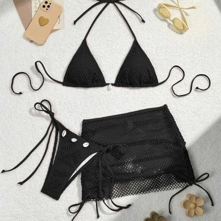 30% OFF 3 in 1 Two Piece Net Bikini with Cover up Skirt Shell Swimwear Women Swimsuits Beachwear