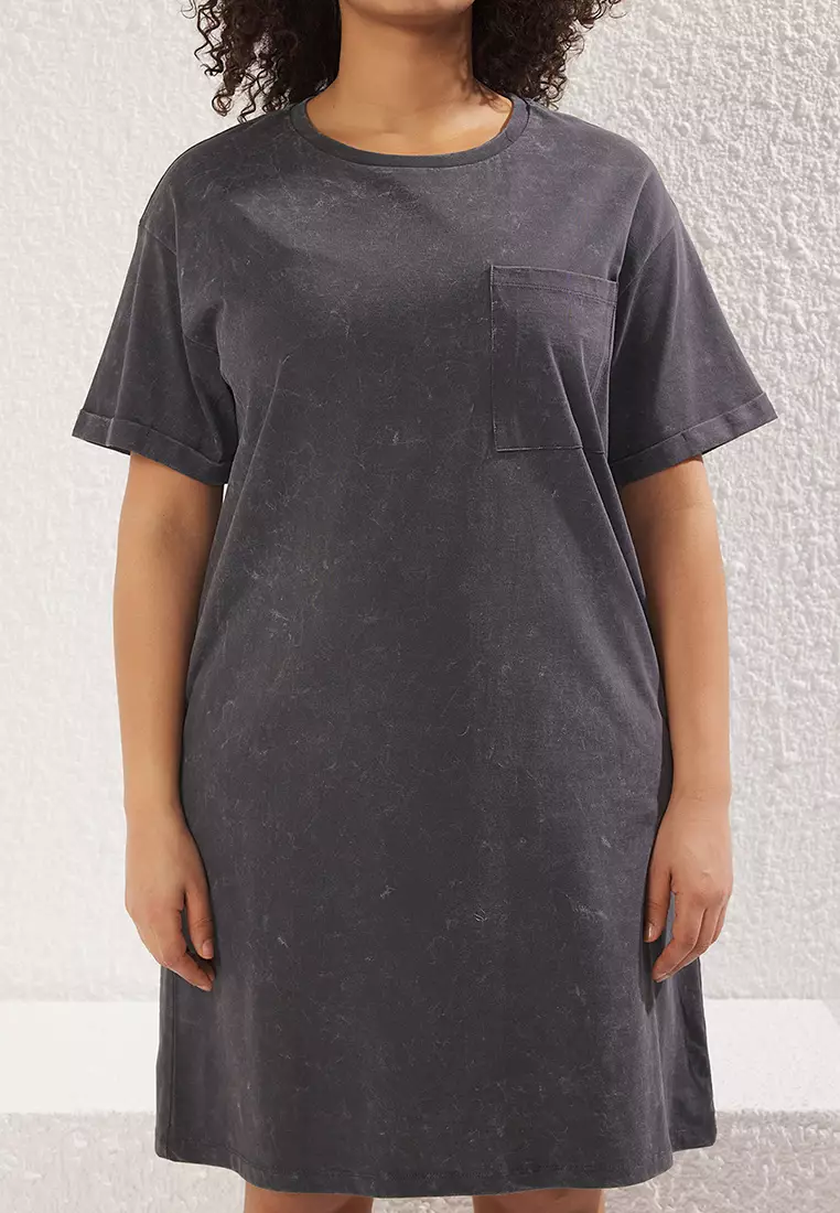 71% OFF Crew Neck Washed Knit Plus Size T-Shirt Dress