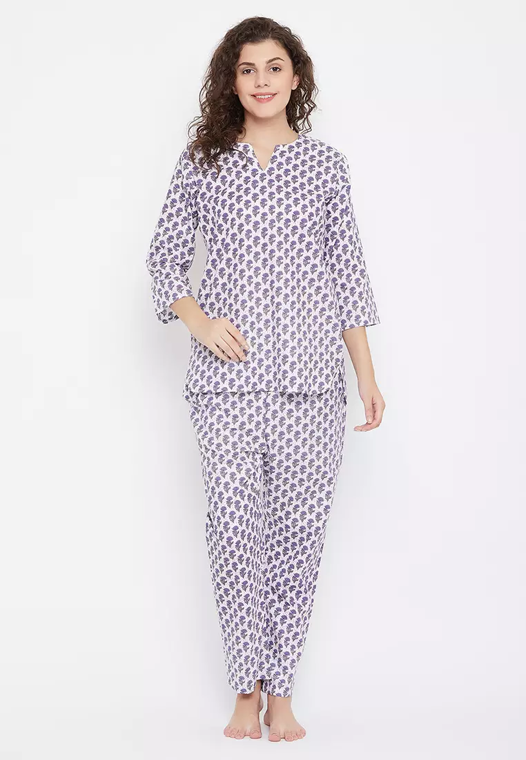 85% OFF Clovia Pretty Florals Top & Pyjama in White - 100% Cotton