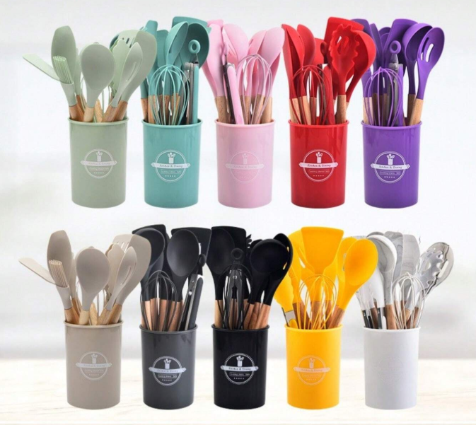 10% OFF 12/14Pcs/Set Wood Handle Non-Stick Silicone Kitchen Cooking Utensil Set, Heat Resistant Silicone Cookware With Storage Bucket