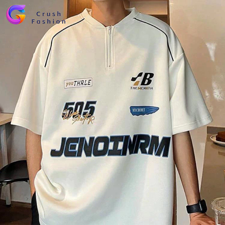 47% OFF Crush Fashion Korean Mens Oversized Motorcycle Zipper Polo Shirt Summer All-match for Women Trendy Letter Printed Top for Men