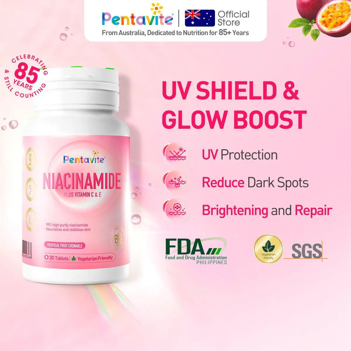 57% OFF Pentavite Niacinamide Plus Vitamin C&E, Ultra UV Protection, Whitening from Within, FDA Approved, 360° Defense, Reduce Dark Spots, Brightening & After-sun Repair