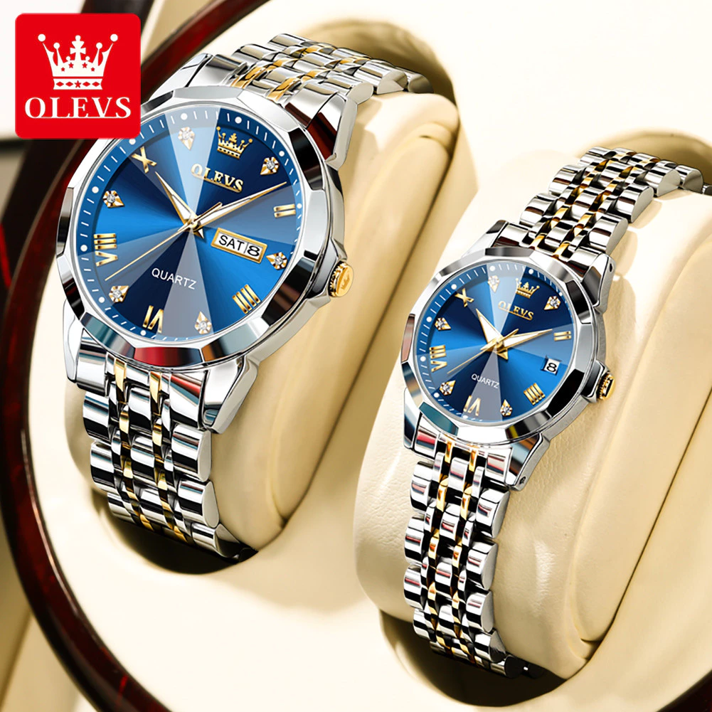 71% OFF OLEVS Couple Watch Waterproof Original Gift For Boyfriend Gold Blue Wristwatch Anniversary Gift 9931