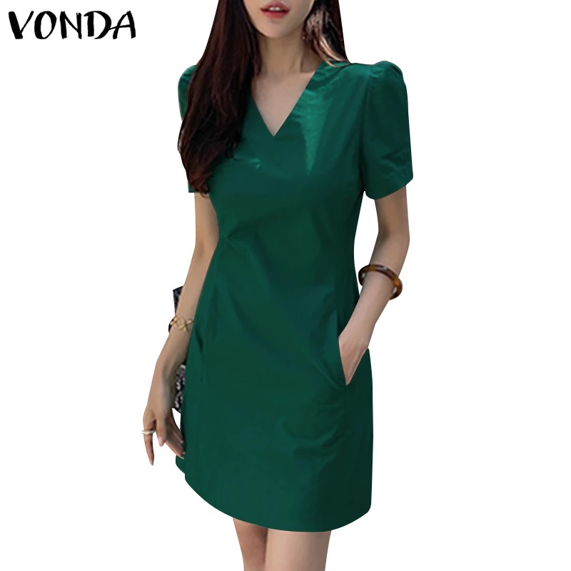 72% OFF Vonda Women Korean V-Neck Solid Color Short Sleeve Side Pockets Tunic Pleated Mini Dress