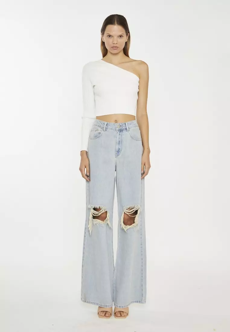 50% OFF Glamorous Wide-Leg Ripped Knee Jeans